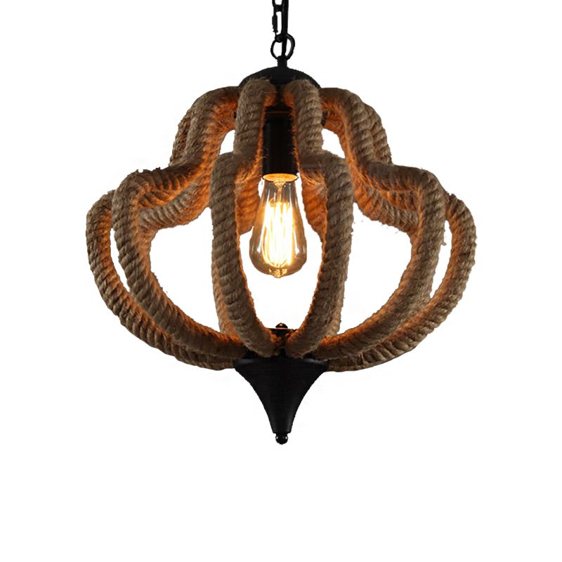 1 Light Hanging Ceiling Light with Geometric Shade Rope Industrial Dining Room Pendant Lighting in Beige