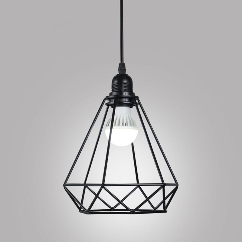 1 Light Diamond Cage Ceiling Light Industrial Metal Hanging Pendant Lights for Coffee Shop