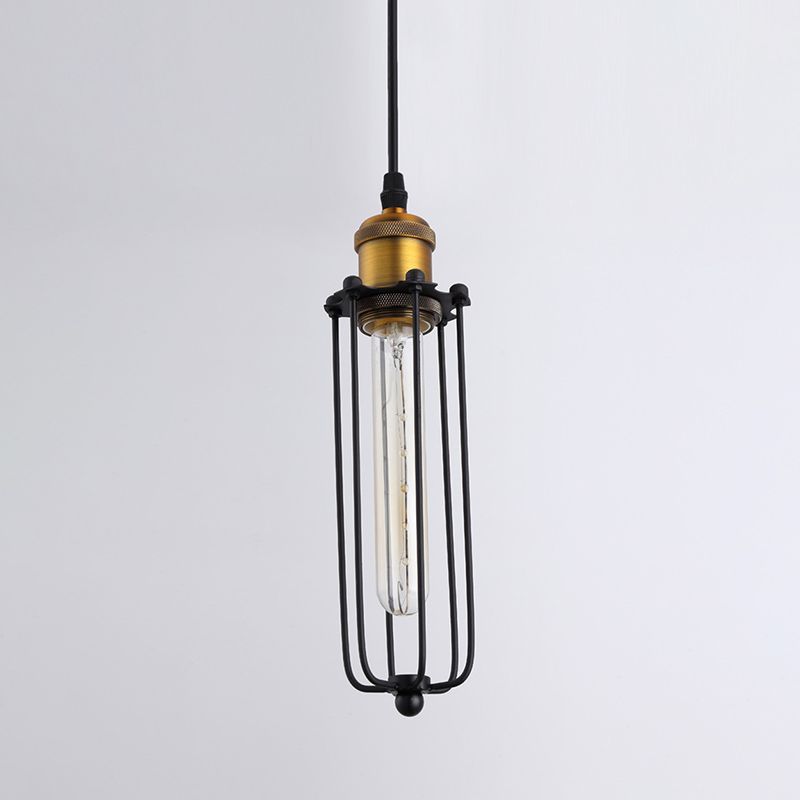 Vintage Industrial Cylindrical Wire Cage Pendant Light Black Metal Suspension Light  for Living Room