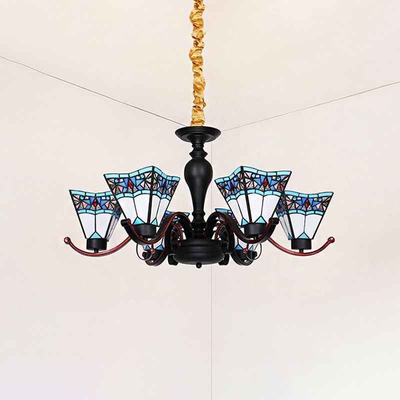 6 Lights Geometric Hanging Light Tiffany Style Stained Glass Inverted Chandelier for Dining Room