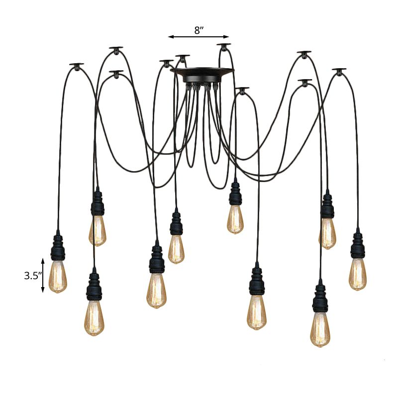 Industriële stijl swag hangende lamp 2/3 koppen metalen hanger plafondlicht met blootgestelde lamp in zwarte afwerking