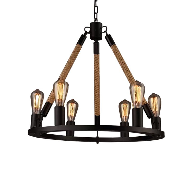 Black Wagon Wheel Chandelier Pendant Industrial Hemp Rope 6/8 Lights Living Room Ceiling Hang Lamp