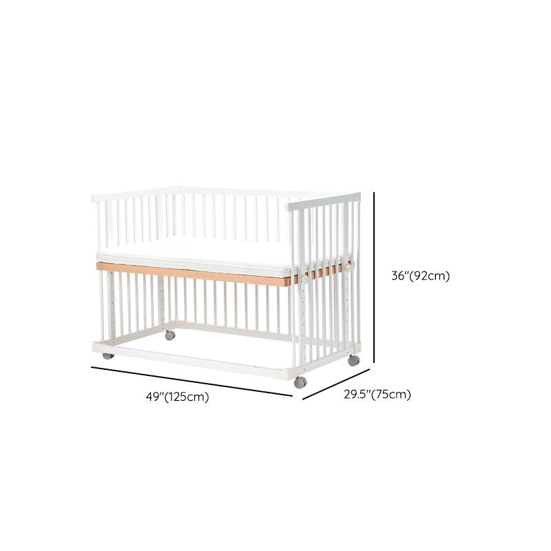 Scandinavian Crib with Guardrail White Wood with Casters/Wheels Nursery Crib