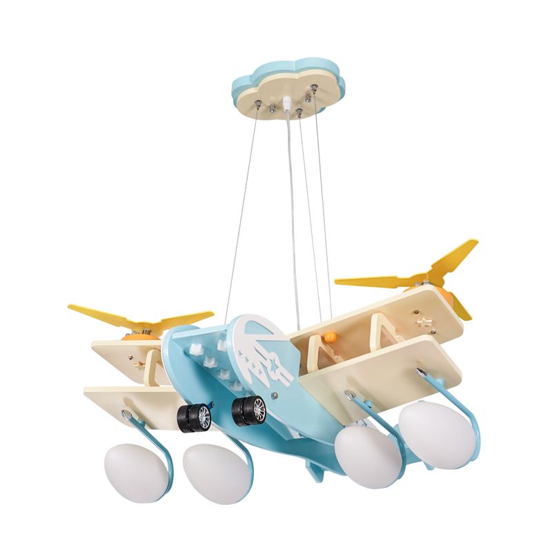 Kids Bomber Plane Wood Drop Lamp 4 Heads Kroonluchter Hanglamp in lichtblauw met bomwite glazen schaduw