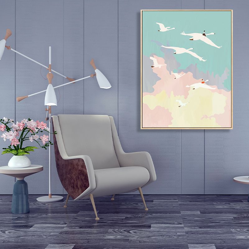 Illustration Bird Flock Wall Art Textured Asian Style Kids Bedroom Canvas in Pink