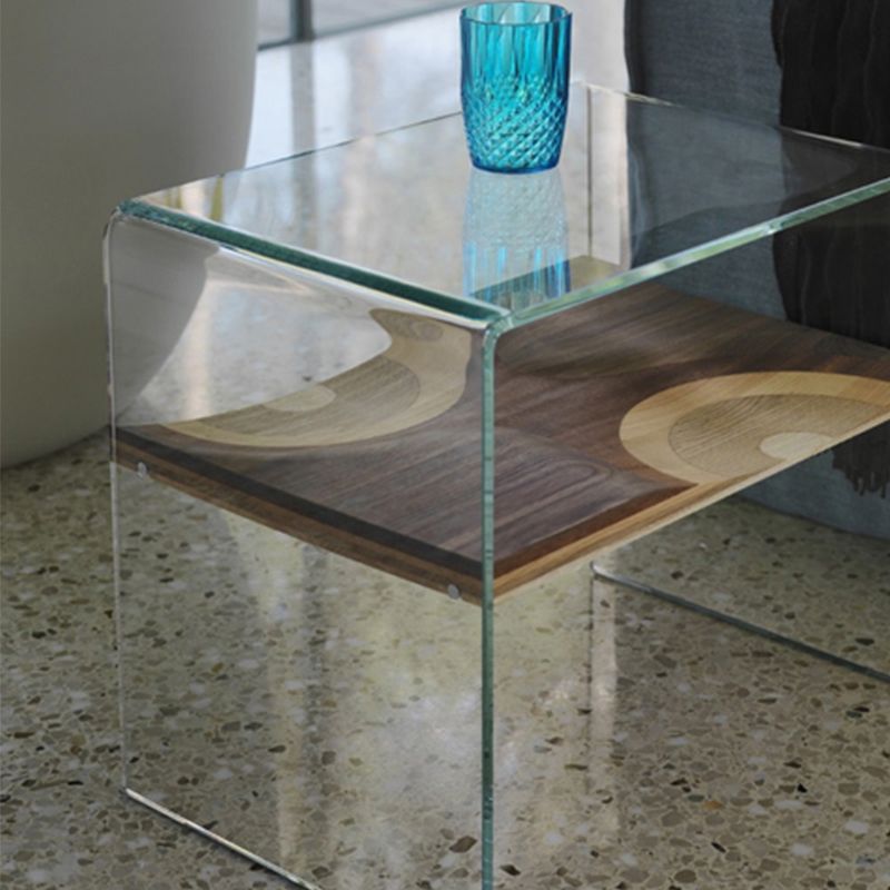 Contemporary Glass Sofa Side Accent Table with Sled Base and Shelf