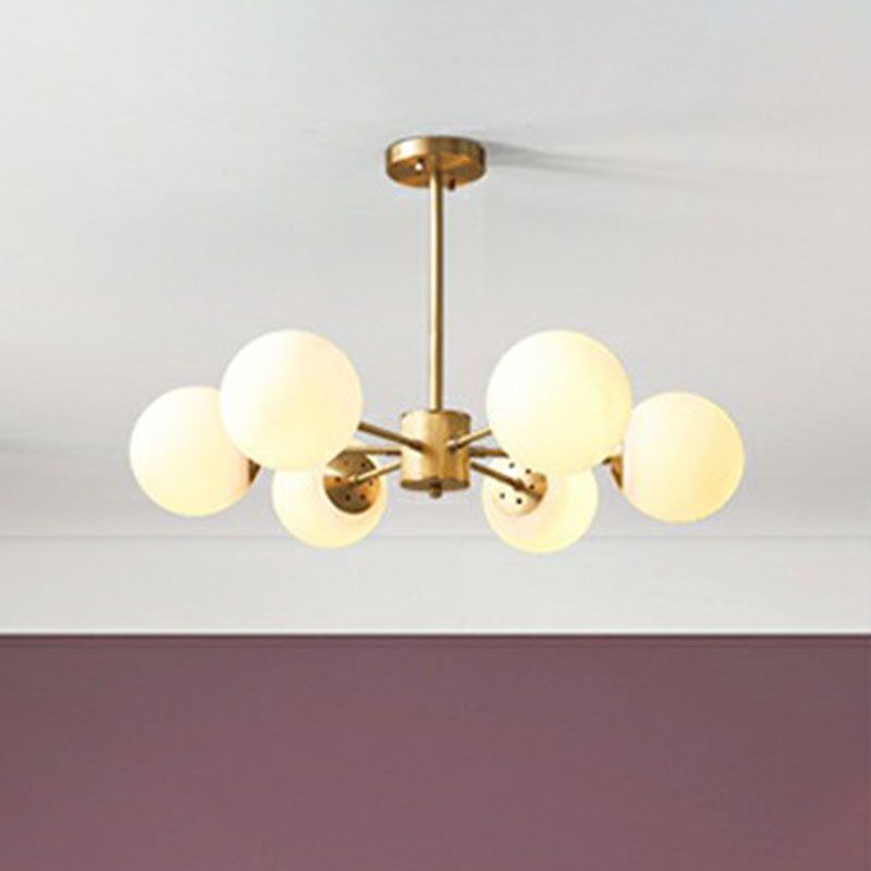 White Glass Sphere Ceiling Chandelier Postmodern Hanging Light Fixture in Gold for Living Room