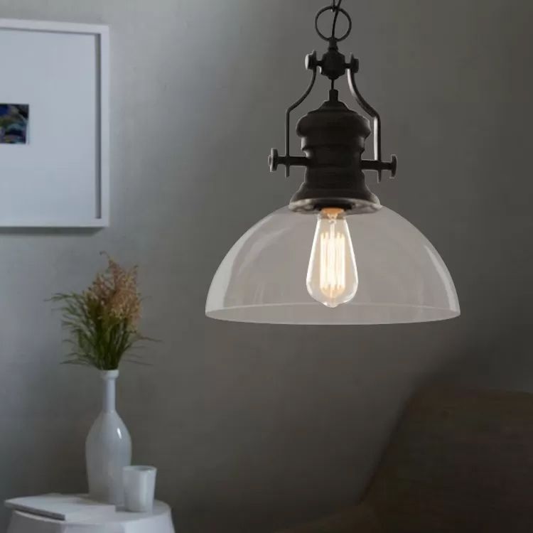 Farmhouse Dome Pendante Lampe 1-Light Glass Glass Sanging Lightture en noir