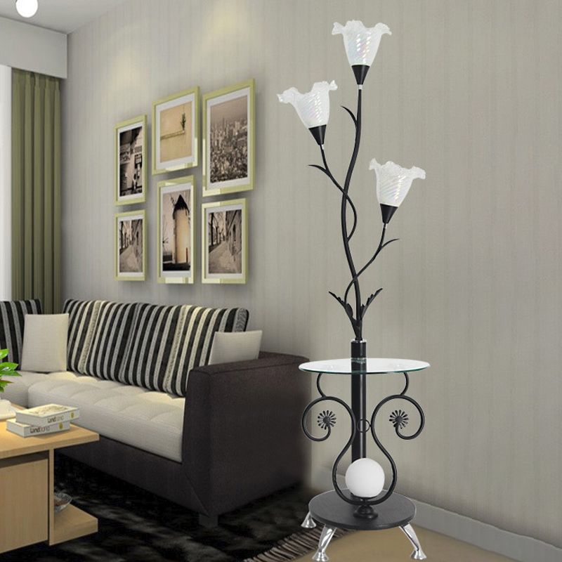 3 Lights Faceted Glass Floor Light Countryside Black/White Floral Shade Living Room Standing Floor Lamp