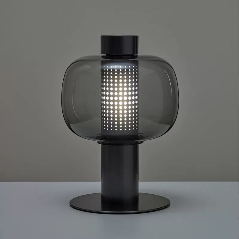 Luz de noche elíptica de humo posmoderno gris/cognac 1 lámpara de mesa de sala de estar de cabeza en negro/blanco