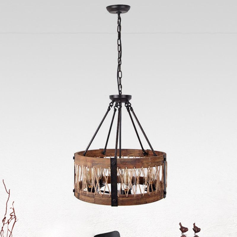 5-Light Metal Chandelier Light Fixture Retro Black Rope-weaved Wooden Drum Dining Room Pendant Chandelier