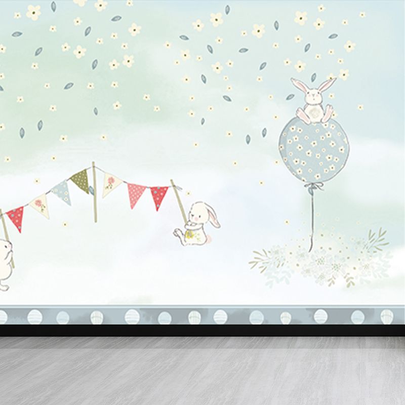 Light Blue Rabbit Mural Decal Animal Kids Style Stain Resistant Wall Covering for Room