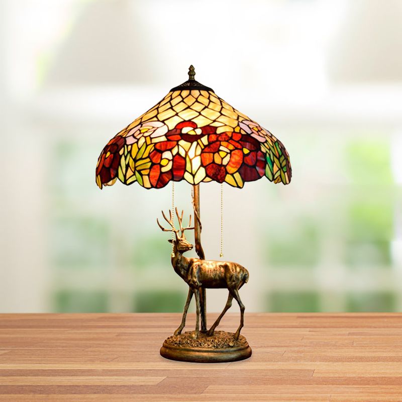 2 Lights Tapered Flower-Trim Table Lamp Tiffany Bronze Stained Glass Pull-Chain Night Light with Sculptured Elk