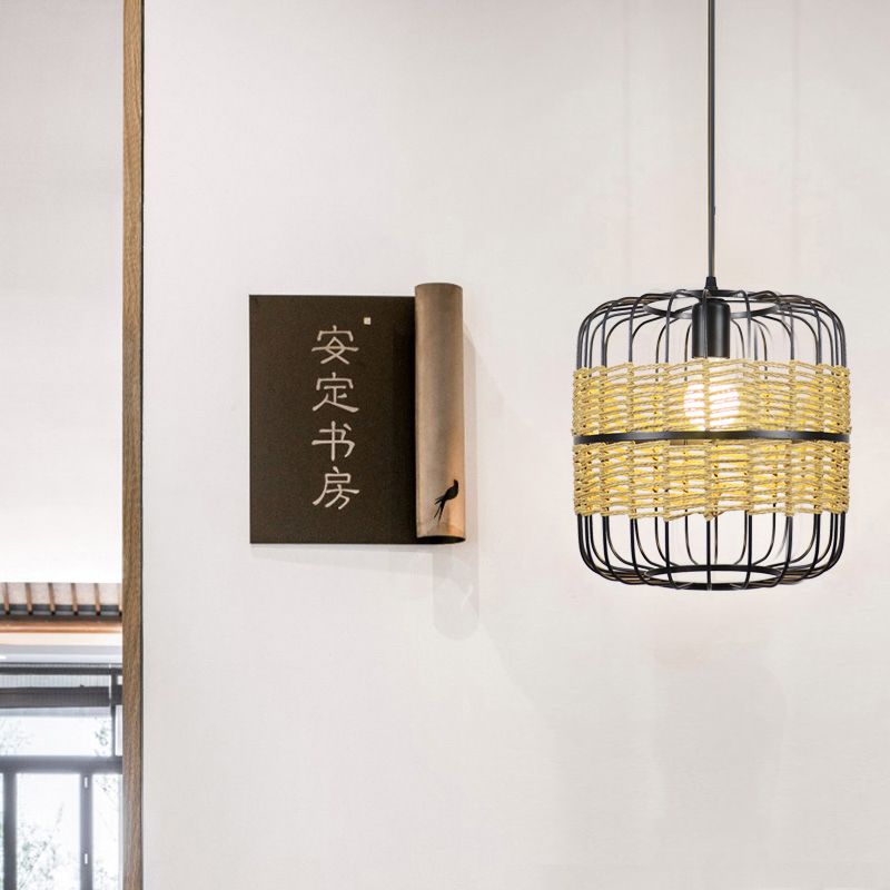 Cylinder Metal Cage Hanging Lamp Modern Straw Rope 1-Light Beige Drop Ceiling Light for Bedroom Restaurant