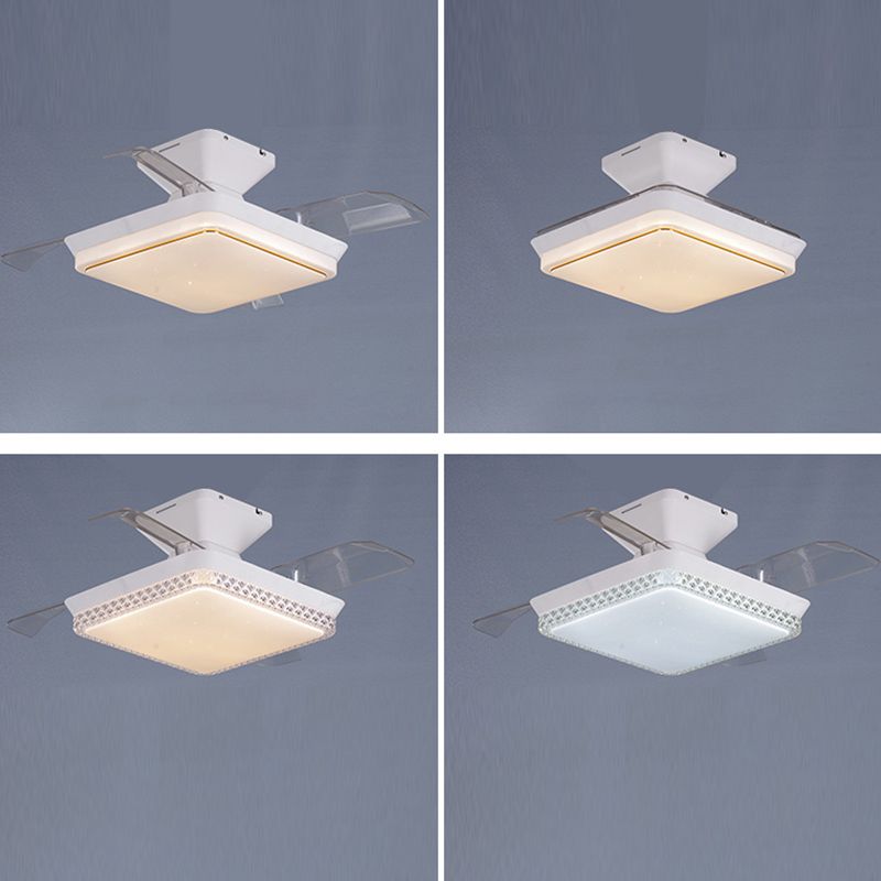 Minimalist Square LED Ceiling Fan Lamp Dining Room Semi Flush Light Fixture in White