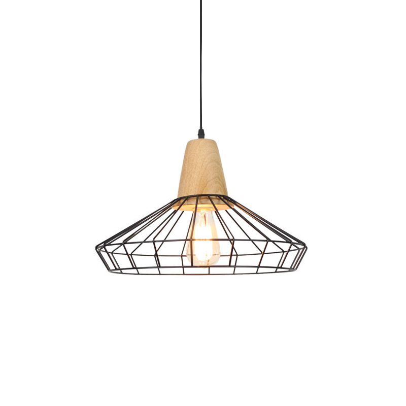 Industrial Saucer/Polygon/Diamond Pendant Lighting Fixture 1 Head Metal and Wood Ceiling Light with Cage Shade in Black