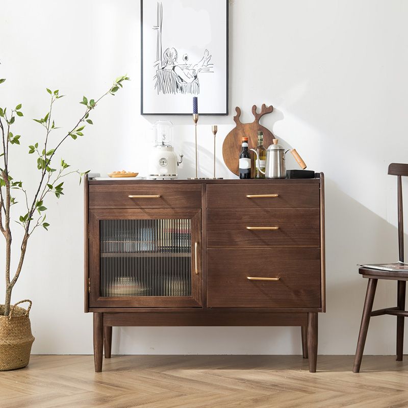 Modern Pine Solid Wood Sideboard 4-drawer Antique Finish Dining Server with Glass Door