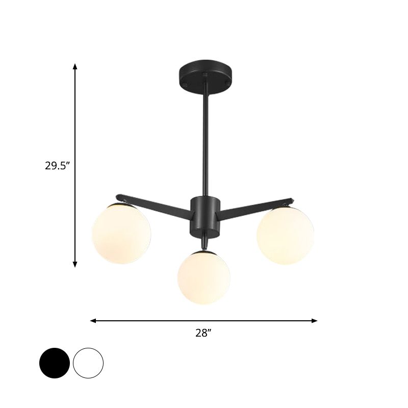 Ball Chandelier Simple Style Opal Glass 3 Lights White/Black Hanging Lamp for Living Room