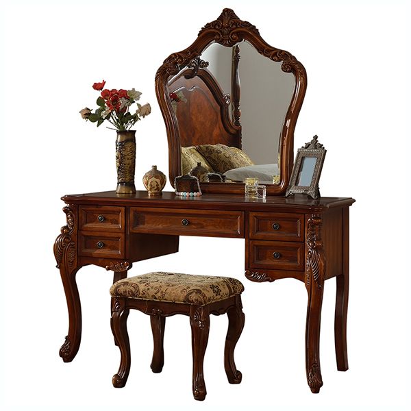 3-Piece Standing Brown Vanity Dressing Table Set with Makeup Table and Stool