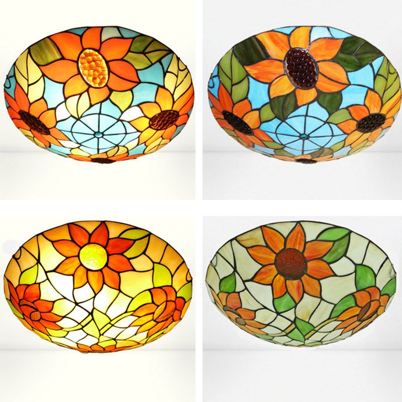 1-Light Bowl Flush Mount Tiffany Style Glass Ceiling Light for Hallway