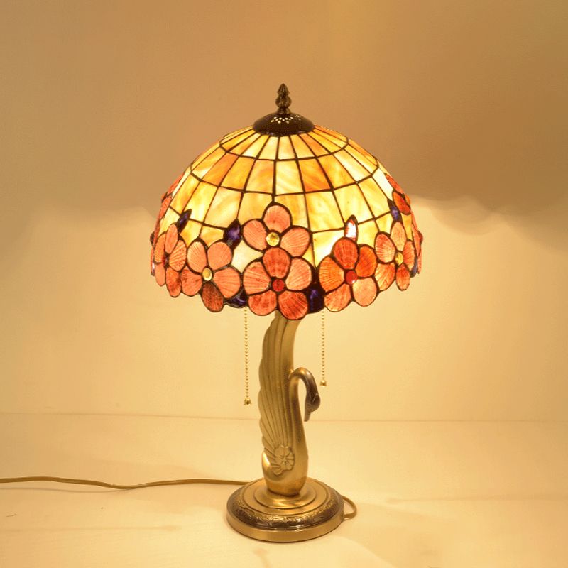 Flower-Edge Pink Grid Glass Night Lamp Tiffany 2-Light Gold Pull Chain Table Lighting with Swan Base