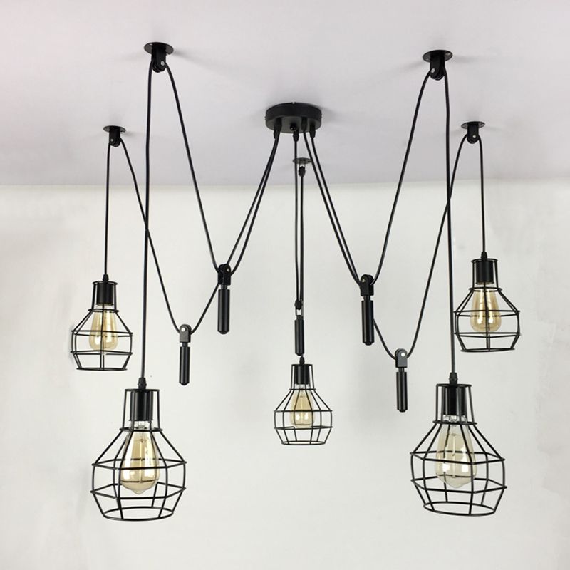 Ball-vorm Restaurant Multi plafondlicht Rustiek Iron 5-Light Black Pulley Swag Pendant