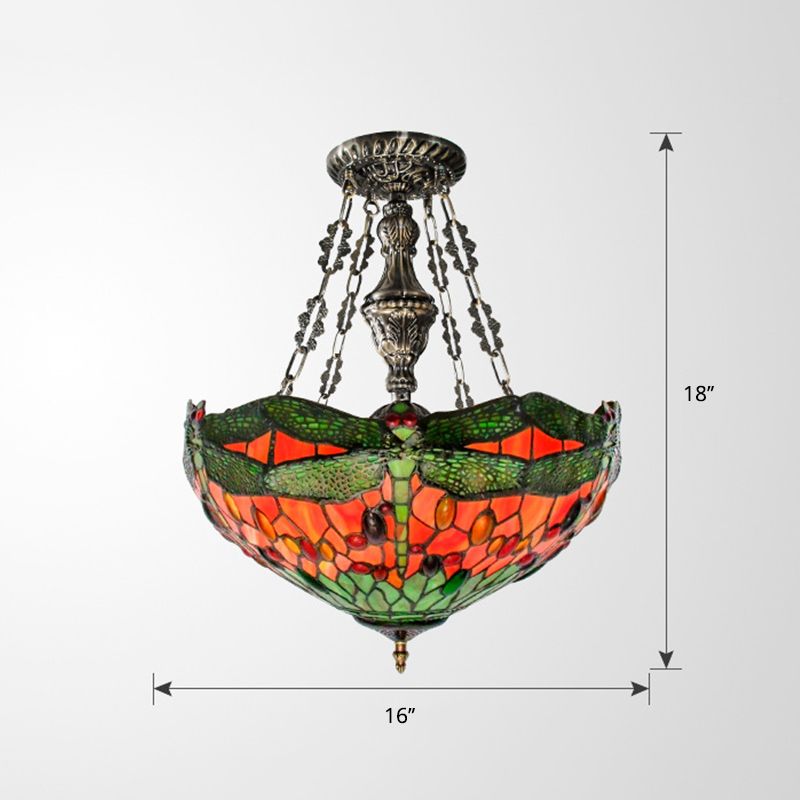 Green 3 Lights Suspension Lamp Tiffany Stained Glass Bowl Chandelier with Dragonfly Pattern and Gem-Like Cabochons