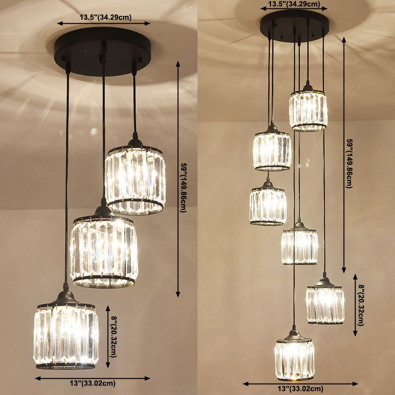 Crystal Black Pendant Light in Modern Luxury Style Iron Cylindroid Hanging Lamp for Interior Spaces