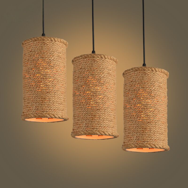 Beige Rural Retro Creative Pendant Lighting Rope Cylinder Pendant Lights for Restaurant