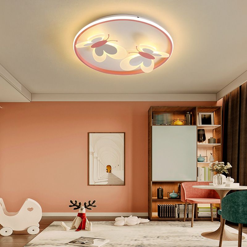 Kids Style 3 / 4 - Light Flush Metal in Pink Finish Ceiling Flush with Butterfly Accent