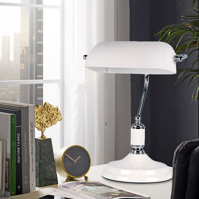 Classical Half Cylinder Night Table Light White Glass 1-Light Bedside Pull Chain Desk Lamp