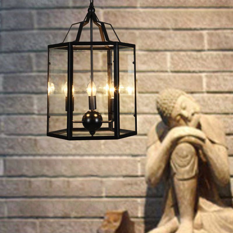 Black 3-Light Pendant Light in Industrial Unique Style Wrought Iron Hanging Lamp with Glass Shade