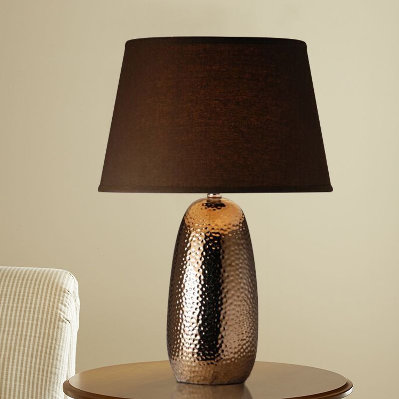 1 Light Table Lighting Rural Bedroom Hammered Ovoid Nightstand Lamp with Conical Fabric Shade in Brown