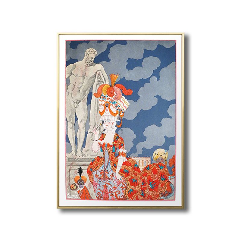 Illustration Figure Canvas Art Vintage Textured Living Room Wall Decor in Blue-Orange