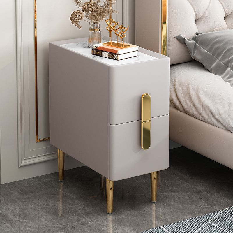 Stone Top Nightstand with 4 Legs Glam Leather Night Table with Drawers