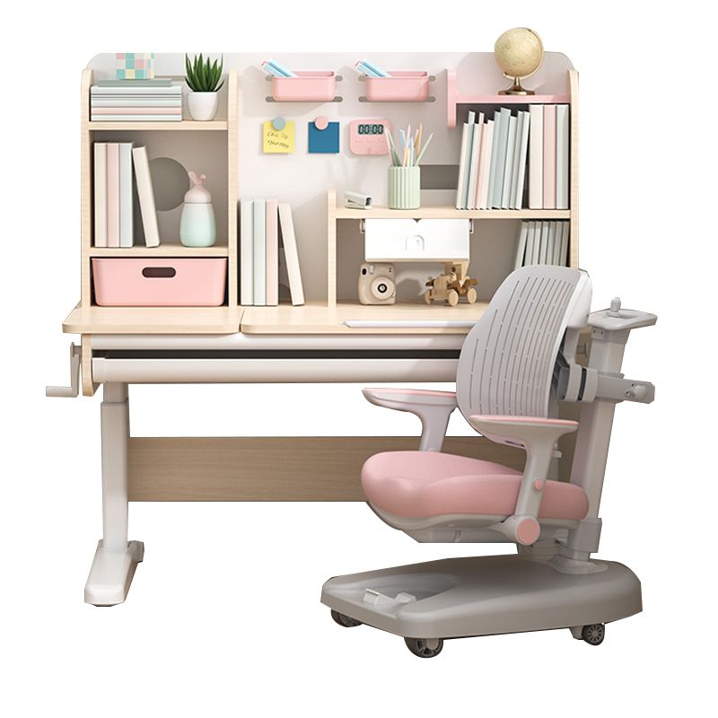 Adjustable Writing Desk Rubber Wood Table and Chair Set Kids Desk with Storage Shelves