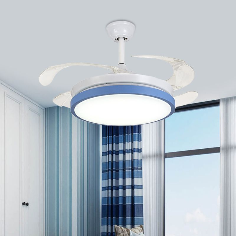 Circular Acrylic Semi Flush Ceiling Lamp Modern Pink/Blue/Yellow 42.5" W LED Hanging Pendant Fan Light for Bedroom with 4 Clear Blades