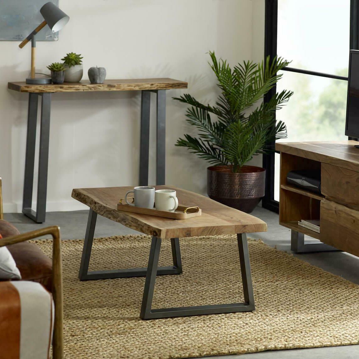 Solid Wood Sofa Table Mid-Century Modern Console Table with Sled Legs in Brown