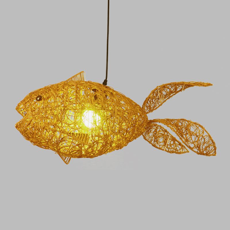 Lumo a pendolo a forma di pesce in stile asiatico Rattan a 1 lutto soggiorno appeso lampada a soffitto in oro