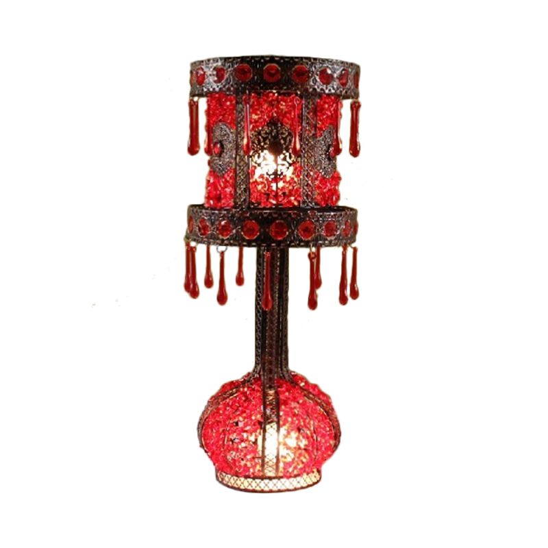 Red Cylinder Night Table Light Bohemian Metal 2 Bulbs Living Room Nightstand Lighting with Acrylic Decoration