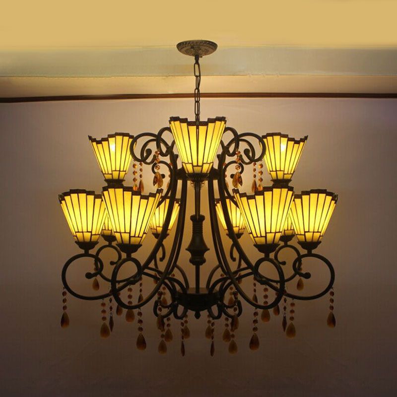 Country Geométrique suspension Talage Talage 11 lumières Chandelier avec pendentifs en cristal en jaune