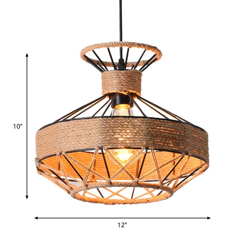 Beige 1-Light Suspension Lamp Traditional Rope Grenade Cage Hanging Ceiling Lighting for Dining Hall