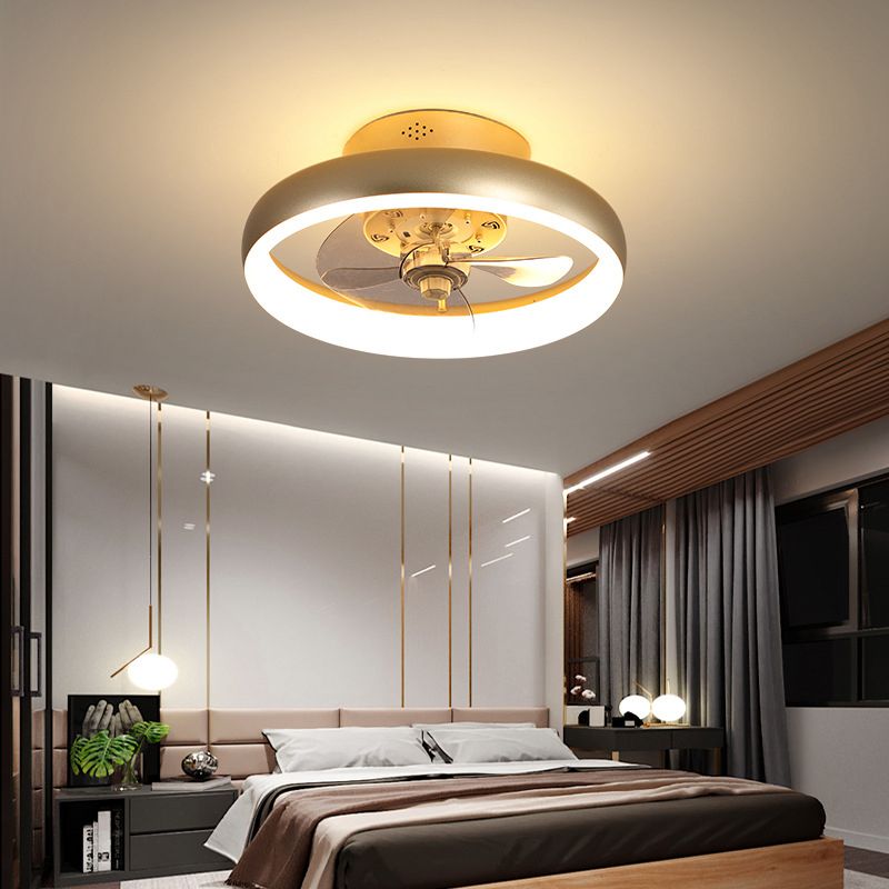 Gold Finish Round Ceiling Fan Light Simplicity LED Metal Semi Mount Lighting for Bedroom