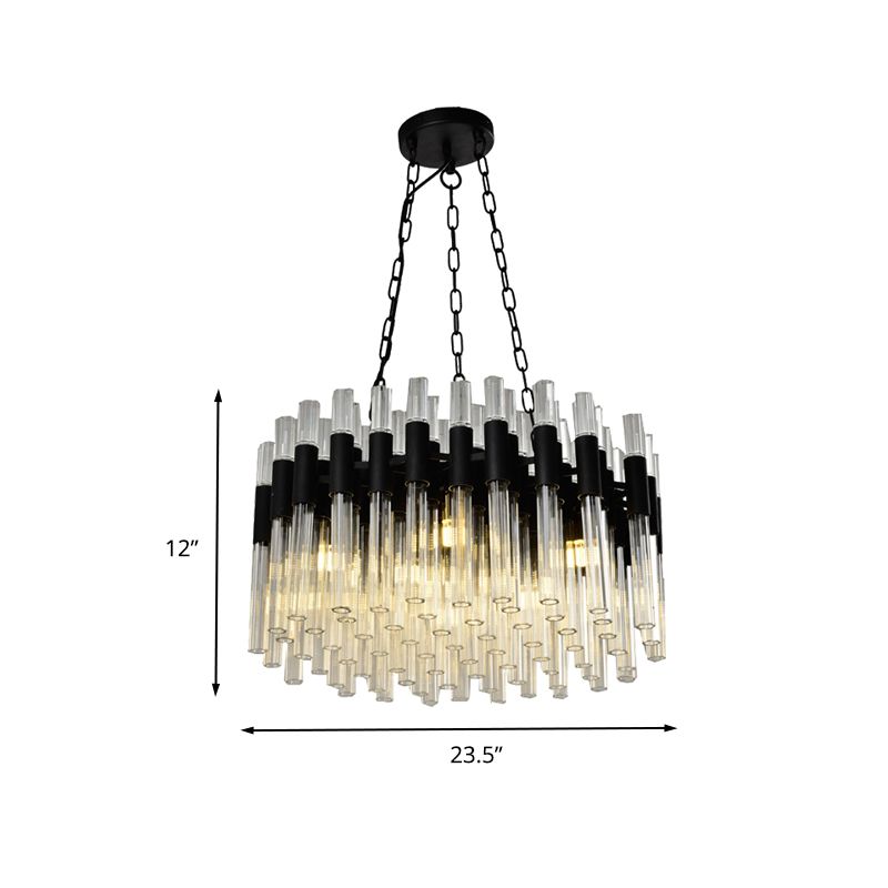 8 Lights Living Hanging Lamp Kit Modern Black Chandelier Light with Drum Fluted Crystal Shade