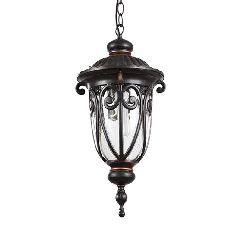 1 Bulb Urn Shade Pendant Lamp Traditional Black Finish Clear Seeded Glass Hanging Ceiling Light