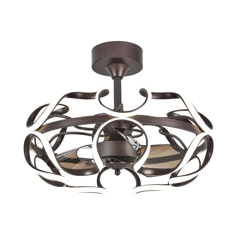 3-Blade Metal Geometry Semi Flush Mount Modernism 26" Wide LED Brown Ceiling Fan Light Fixture