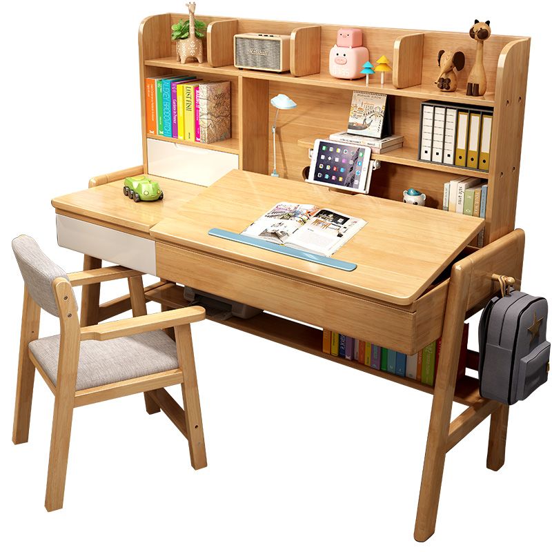 Wood Adjustable Desk and Chair 2 Drawers Kids Writing Desk with Bookshelf