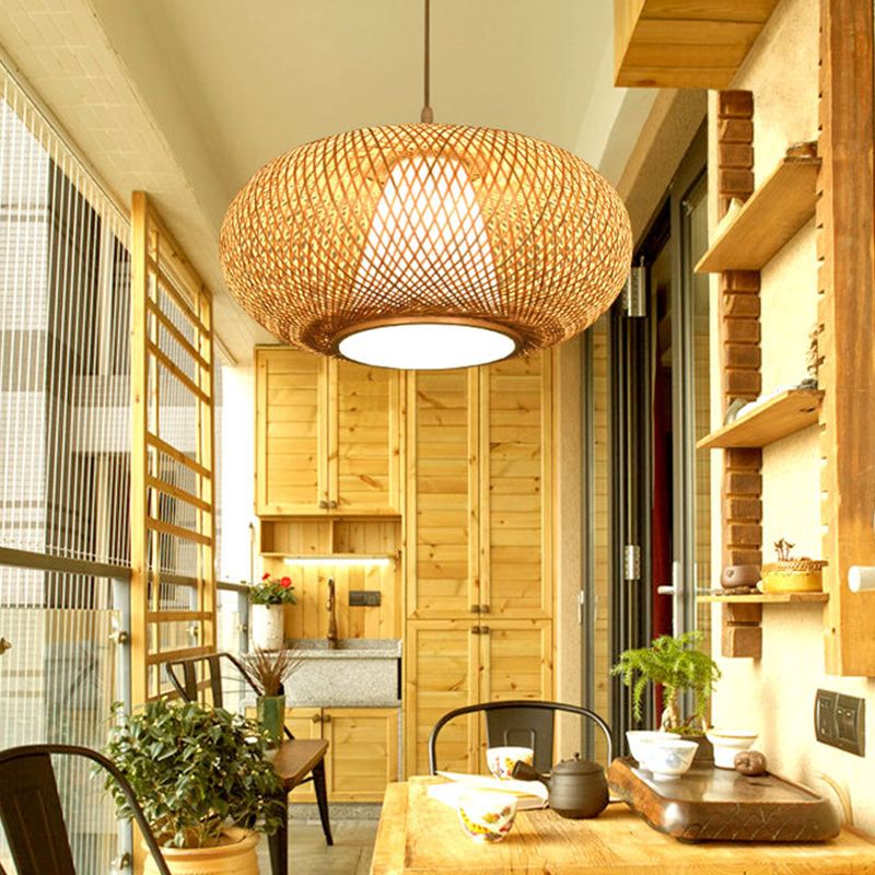 Wood Lantern Shape Pendant Light Modern Style 1 Light Hanging Lamp for Tea Room