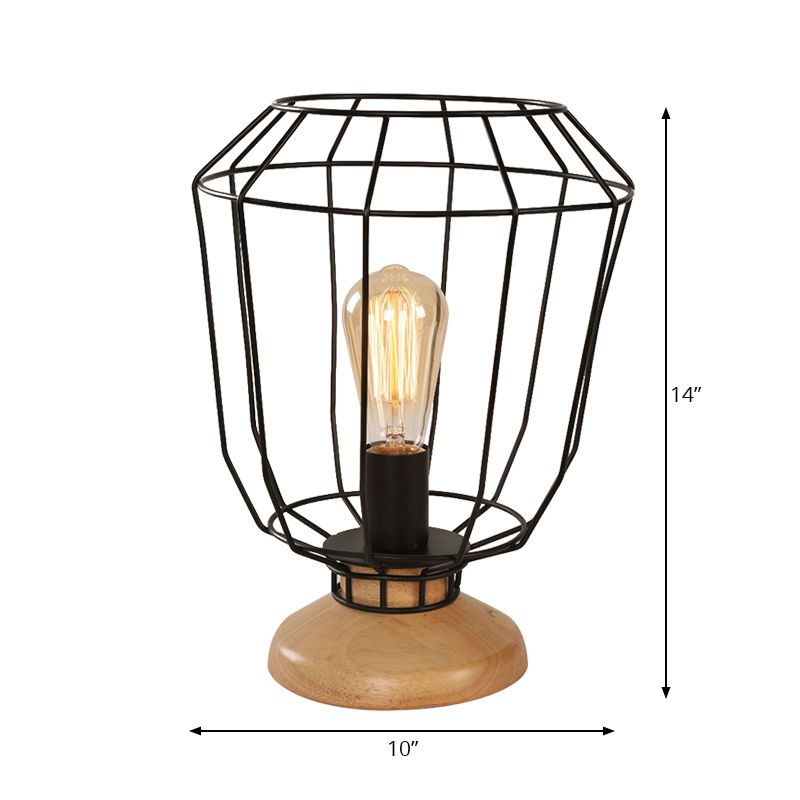 1 Bulb Table Lamp Industrial Stylish Pear/Barrel Shade Metal and Wood Task Lamp with Wire Guard in Black for Bedroom