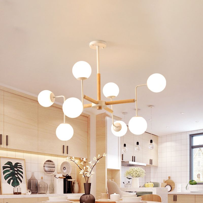 Simple Chandelier Lighting Fixture Wood Spherical Pendant Lamp with Opaline Glass Shade